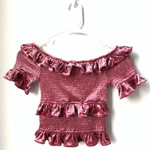 ASOS Off the shoulder velvet ruffle shirted top